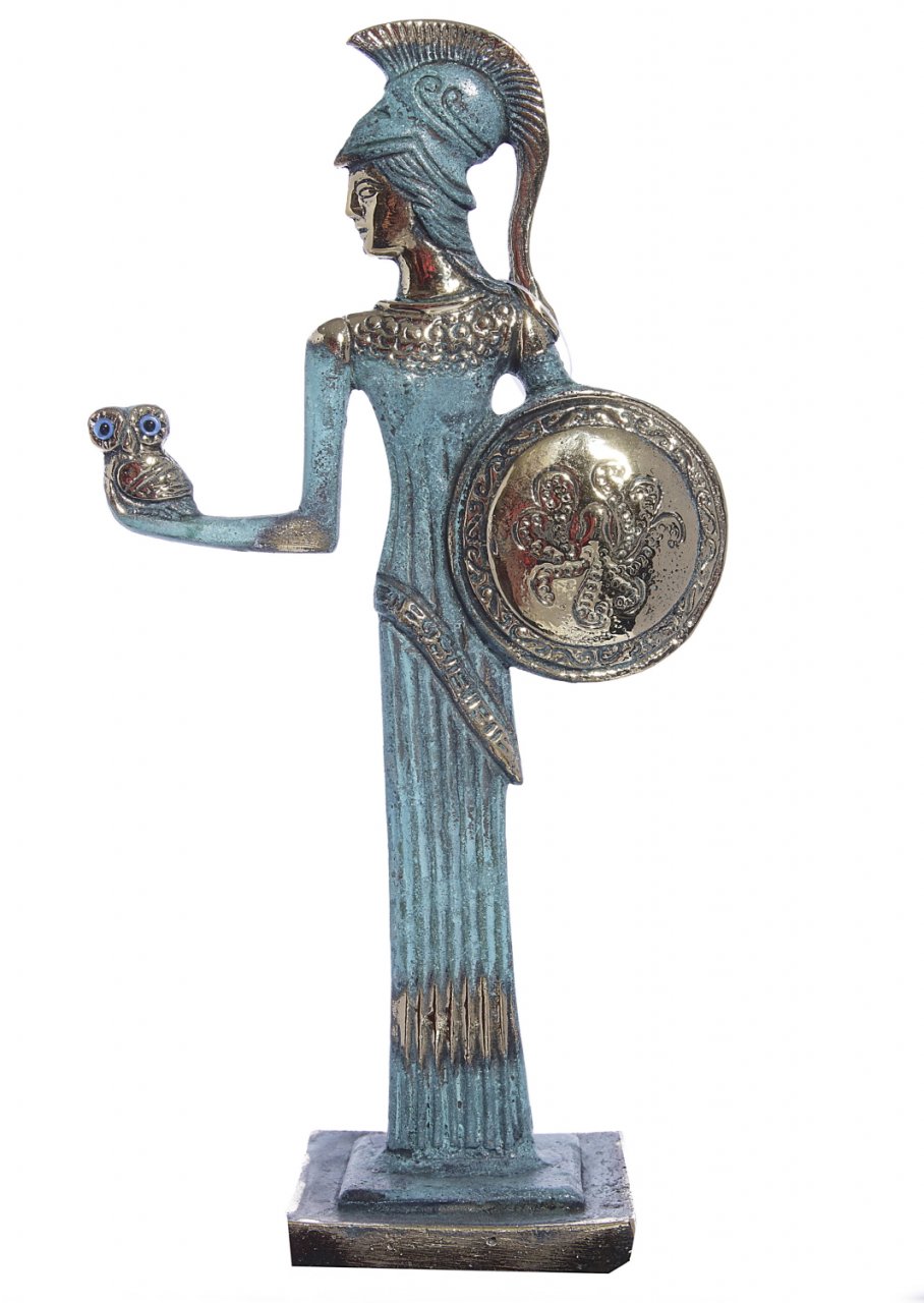 Bronze Statue of Goddess Athena with an owl and her shield